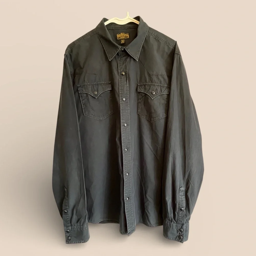 True Religion MENS Black Cotton Snap Front Western Shirt Size XXL